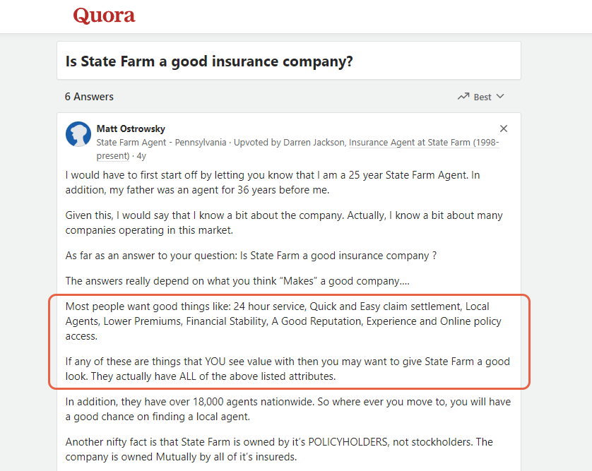 State Farm Auto Insurance Review: Quora Screenshot